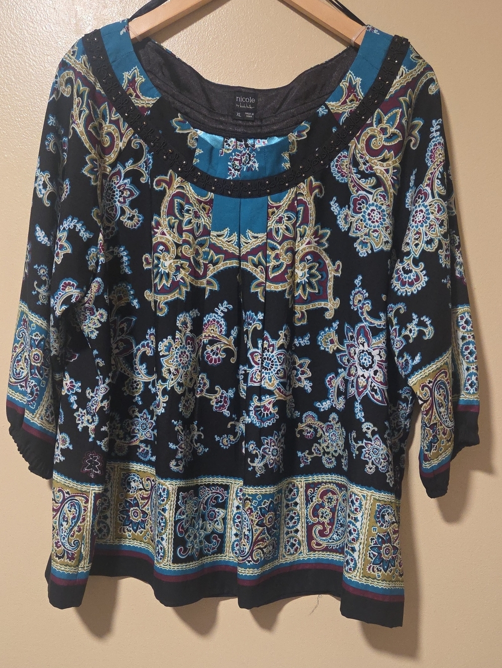 Black Scoop-Neck Paisley Blouse Nicole Miller
